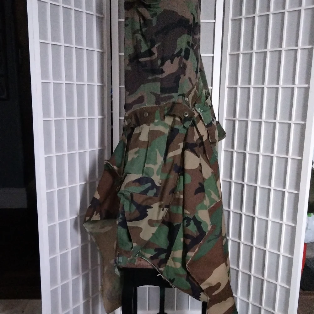Upcycle / Refurbished Camouflage Asymmetrical Long Sleeve Maxi Dress - Picture 13 of 16